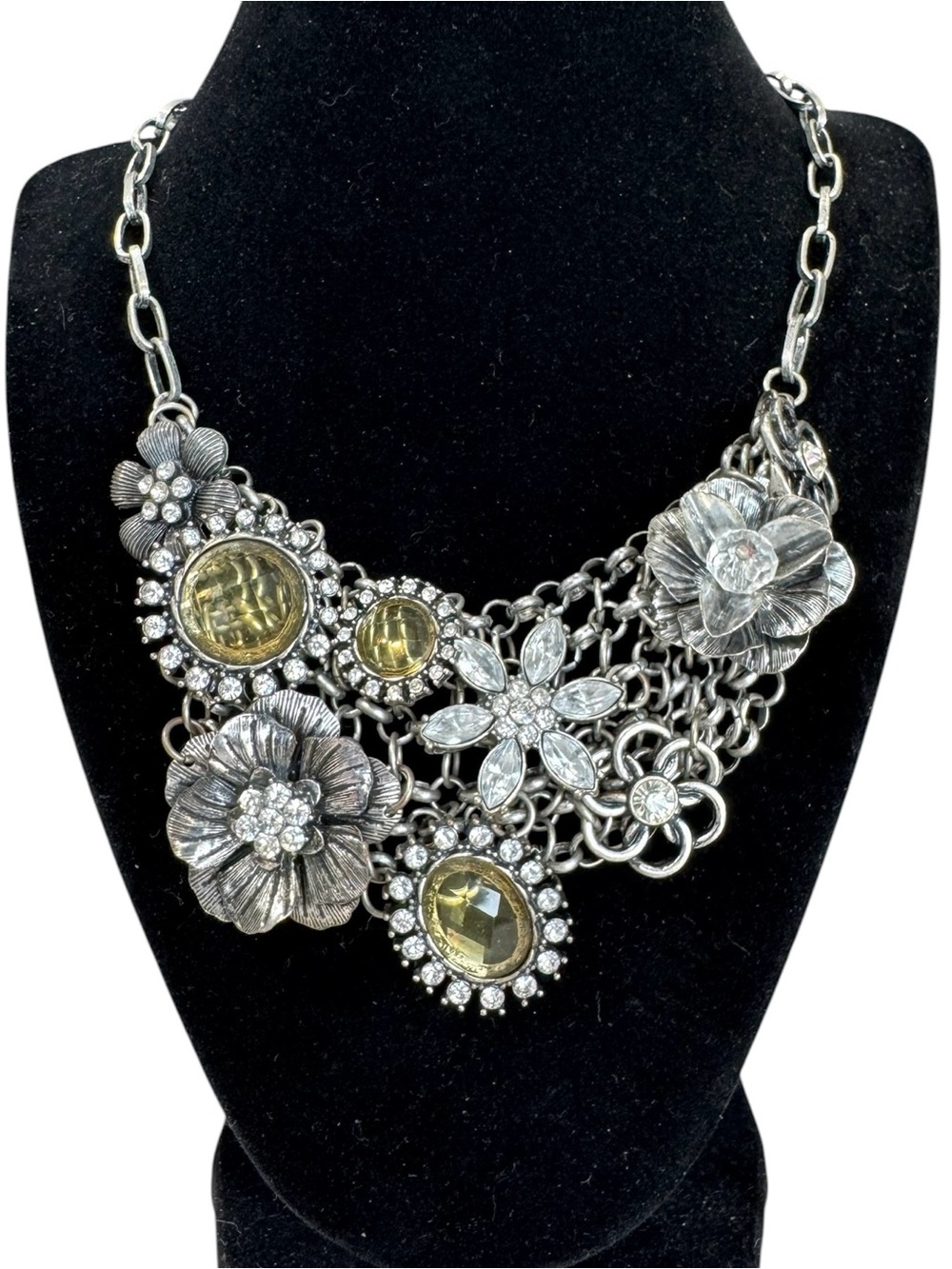 VTG Silver Tone Multi Stone Floral & Amber Gem Accents Statement Necklace